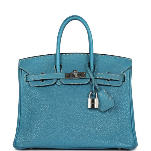 Pre-owned Hermes Birkin 25 Blue Jean Togo Palladium Hardware
