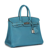 Pre-owned Hermes Birkin 25 Blue Jean Togo Palladium Hardware