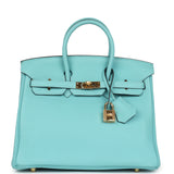 Pre-owned Hermes Birkin 25 Bleu Atoll Togo Gold Hardware