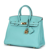 Pre-owned Hermes Birkin 25 Bleu Atoll Togo Gold Hardware