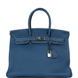 Pre-owned Hermes Birkin 35 Bleu Thalassa Clemence Palladium Hardware