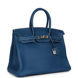 Pre-owned Hermes Birkin 35 Bleu Thalassa Clemence Palladium Hardware