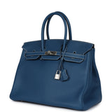 Pre-owned Hermes Birkin 35 Bleu Thalassa Clemence Palladium Hardware