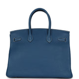 Pre-owned Hermes Birkin 35 Bleu Thalassa Clemence Palladium Hardware