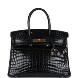 Pre-owned Hermes Birkin 30 Black Shiny Niloticus Crocodile Gold Hardware