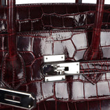 Pre-owned Hermes Birkin 35 Bordeaux Shiny Porosus Crocodile Palladium Hardware