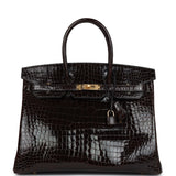 Pre-owned Hermes Birkin 35 Graphite Shiny Porosus Crocodile Palladium Hardware