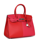 Pre-owned Hermes Casaque Birkin 30 Rouge De Coeur, Rose Extreme and Bleu Zanzibar Epsom Palladium Hardware