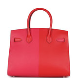 Pre-owned Hermes Casaque Birkin 30 Rouge De Coeur, Rose Extreme and Bleu Zanzibar Epsom Palladium Hardware