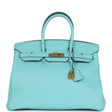 Pre-owned Hermes Birkin 35 Bleu Atoll Togo Gold Hardware