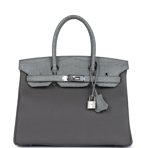 Hermes Birkin 30 Gris Ciment Matte Niloticus Crocodile and Gris Meyer Togo Touch Palladium Hardware