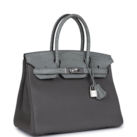 Hermes Birkin 30 Gris Ciment Matte Niloticus Crocodile and Gris Meyer Togo Touch Palladium Hardware