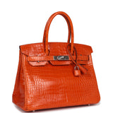 Pre-owned Hermes Birkin 30 Orange Shiny Porosus Crocodile Palladium Hardware