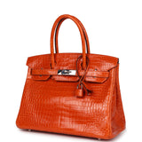 Pre-owned Hermes Birkin 30 Orange Shiny Porosus Crocodile Palladium Hardware