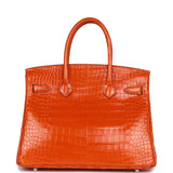 Pre-owned Hermes Birkin 30 Orange Shiny Porosus Crocodile Palladium Hardware