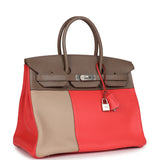 Pre-owned Hermes Birkin 30 Cascade Rose Jaipur, Etoupe and Argile Swift and Clemence Brushed Palladium Hardware