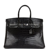 Pre-owned Hermes Birkin 35 Graphite Shiny Porosus Crocodile Palladium Hardware