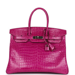 Pre-owned Hermes Birkin 35 Rose Scheherazade Shiny Porosus Crocodile Palladium Hardware