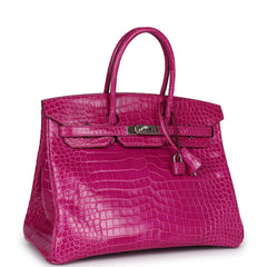 Pre-owned Hermes Birkin 35 Rose Scheherazade Shiny Porosus Crocodile Palladium Hardware