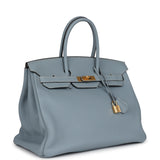 Pre-owned Hermes Birkin 35 Bleu Lin Togo Gold Hardware