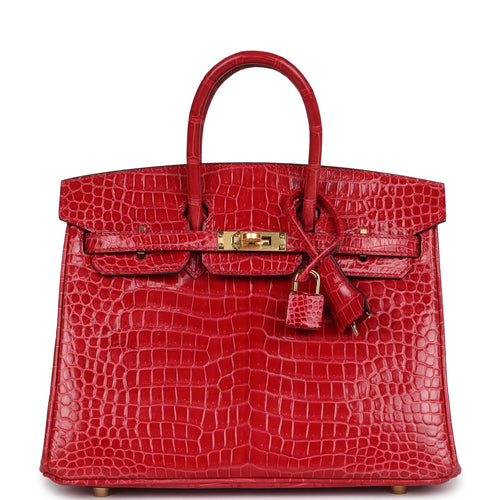 Hermes Birkin 25 Braise Shiny Porosus Crocodile Gold Hardware