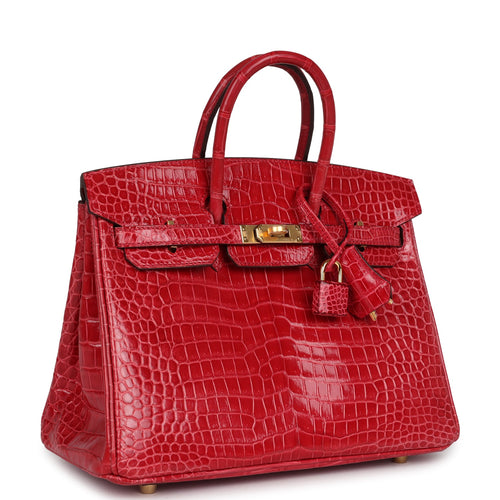 Hermes Birkin 25 Braise Shiny Porosus Crocodile Gold Hardware