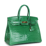 Pre-owned Hermes Birkin 35 Cactus Shiny Porosus Crocodile Gold Hardware