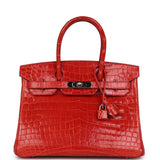 Pre-owned Hermes Birkin 30 Geranium Shiny Niloticus Crocodile Palladium Hardware