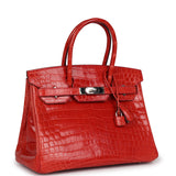 Pre-owned Hermes Birkin 30 Geranium Shiny Niloticus Crocodile Palladium Hardware