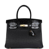 Hermes Birkin 30 Black Shiny Alligator and Ostrich Touch Gold Hardware