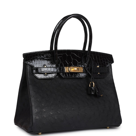 Hermes Birkin 30 Black Shiny Alligator and Ostrich Touch Gold Hardware