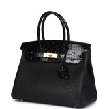 Hermes Birkin 30 Black Shiny Alligator and Ostrich Touch Gold Hardware