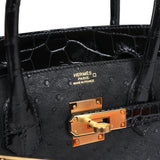 Hermes Birkin 30 Black Shiny Alligator and Ostrich Touch Gold Hardware