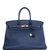 Pre-owned Hermes Birkin 35 Bleu Saphir Clemence Gold Hardware