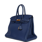 Pre-owned Hermes Birkin 35 Bleu Saphir Clemence Gold Hardware