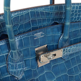 Pre-owned Hermes Birkin 35 Bleu Mykonos Shiny Porosus Crocodile Palladium Hardware