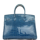 Pre-owned Hermes Birkin 35 Bleu Mykonos Shiny Porosus Crocodile Palladium Hardware