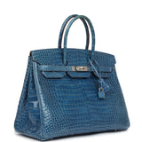 Pre-owned Hermes Birkin 35 Bleu Mykonos Shiny Porosus Crocodile Palladium Hardware