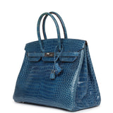 Pre-owned Hermes Birkin 35 Bleu Mykonos Shiny Porosus Crocodile Palladium Hardware