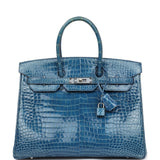 Pre-owned Hermes Birkin 35 Bleu Mykonos Shiny Porosus Crocodile Palladium Hardware