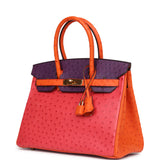 Pre-owned Hermes Special Order (HSS) Birkin 30 Tangerine, Violet and Bougainvillea Ostrich Gold Hardware