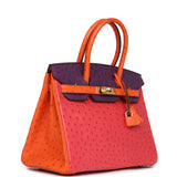 Pre-owned Hermes Special Order (HSS) Birkin 30 Tangerine, Violet and Bougainvillea Ostrich Gold Hardware