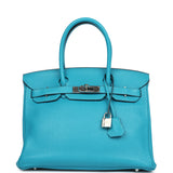 Pre-owned Hermes Birkin 30 Turquoise Clemence Palladium Hardware