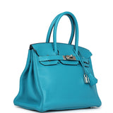 Pre-owned Hermes Birkin 30 Turquoise Clemence Palladium Hardware