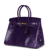 Hermes Birkin 35 Ultraviolet Shiny Porosus Crocodile Gold Hardware