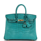 Hermes Birkin 25 Bleu Paon Matte Alligator Gold Hardware