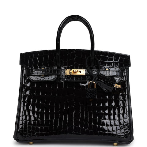 Hermes Birkin 25 Black Shiny Niloticus Crocodile Gold Hardware