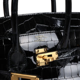 Hermes Birkin 25 Black Shiny Niloticus Crocodile Gold Hardware