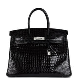 Pre-owned Hermes Birkin 35 Black Shiny Porosus Crocodile 18K White Gold Diamond Hardware