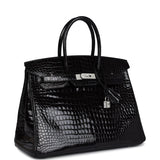 Pre-owned Hermes Birkin 35 Black Shiny Porosus Crocodile 18K White Gold Diamond Hardware